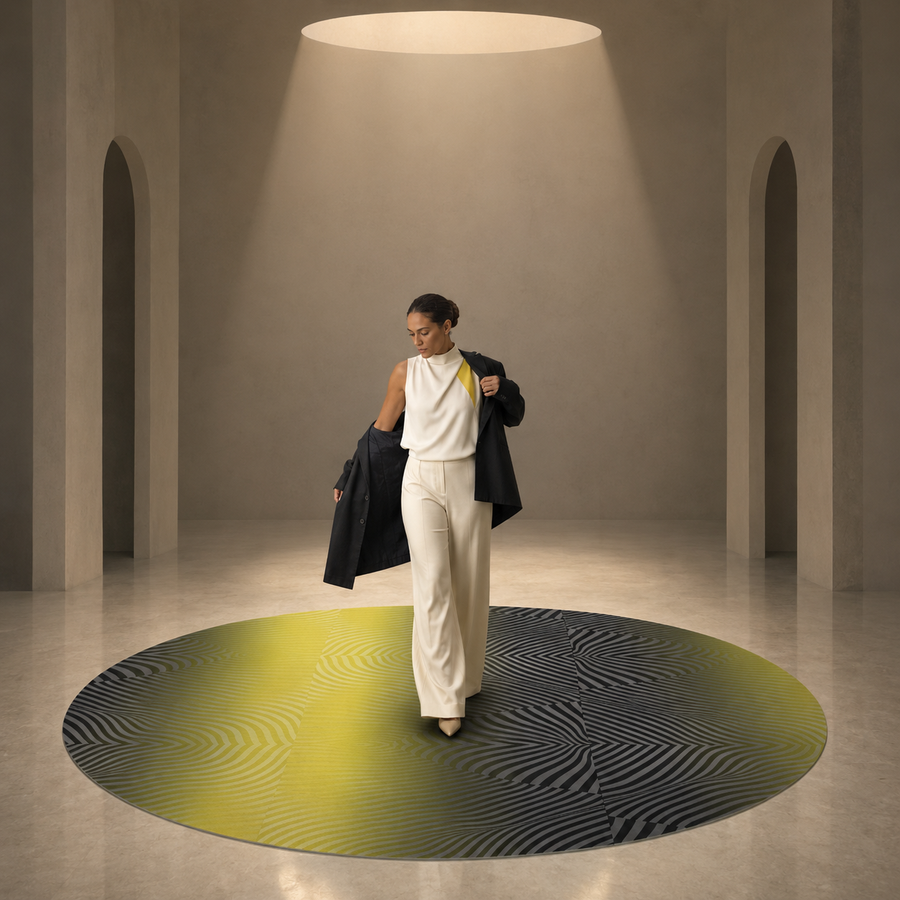 A person removing a dark jacket while standing on a round black-and-yellow-green patterned rug.