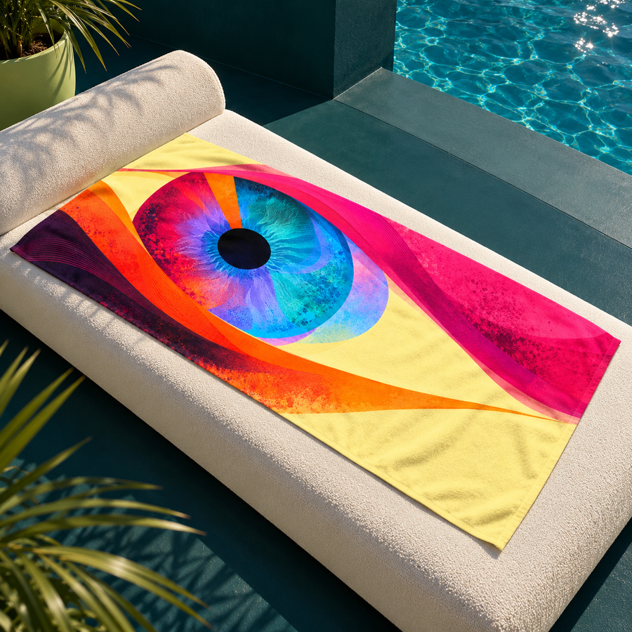 Iris Obscura eye-print beach towel opened across an ice-ivory chaise beside cobalt pool water and petrol architecture in angled sunlight.