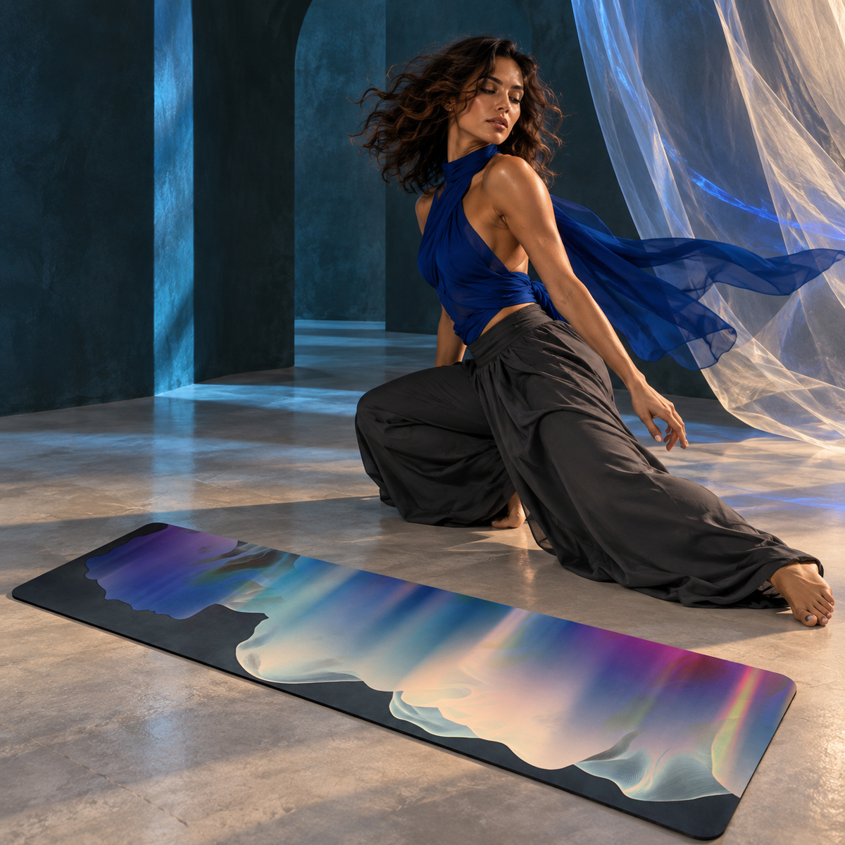 Fashionable woman moving beside the Held in Motion yoga pad in a petrol studio with electric-blue light and sheer fabric.