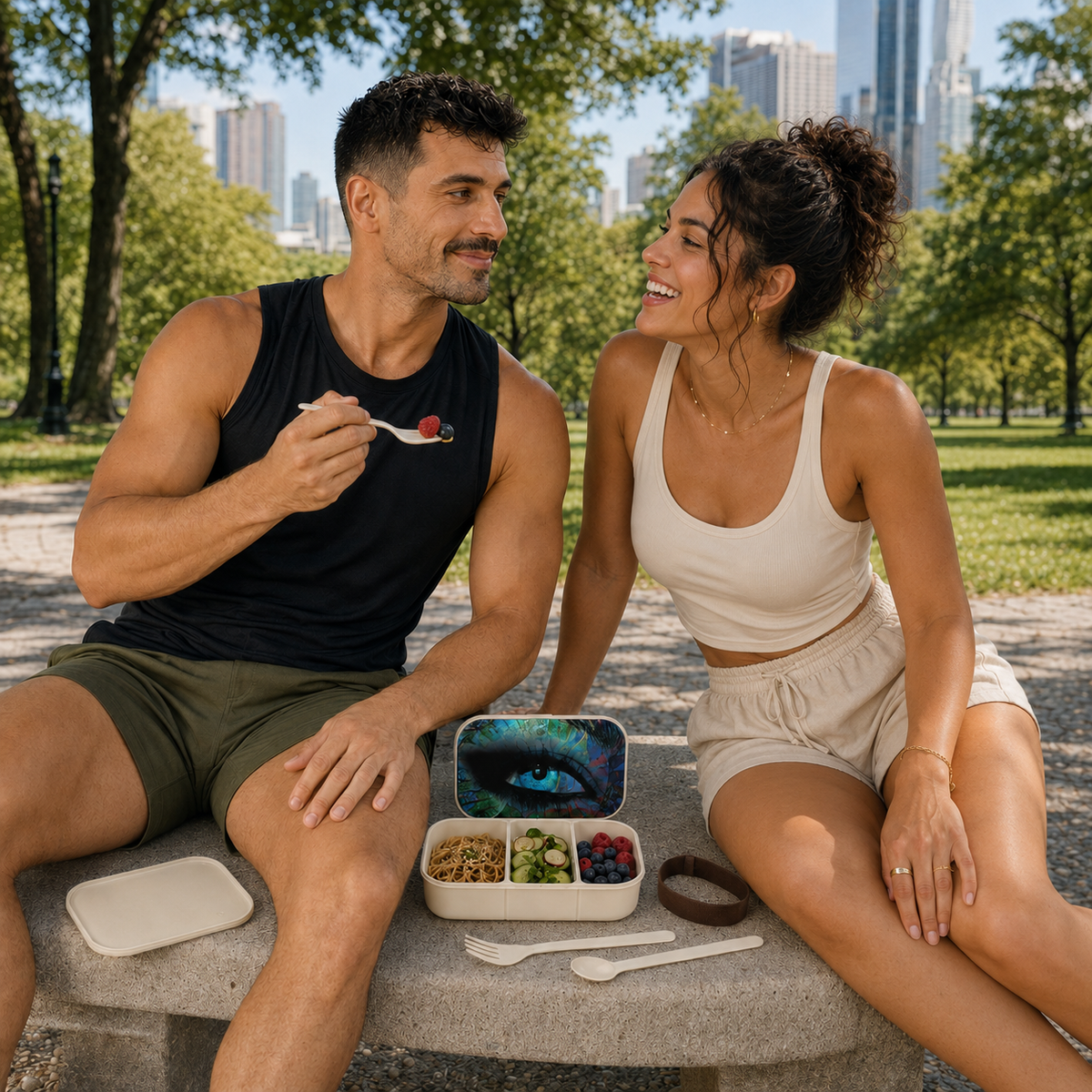 Dani shares a playful picnic date with a woman in a sunny city park, smiling beside an open eye-art bento box filled with noodles, salad, and berries.