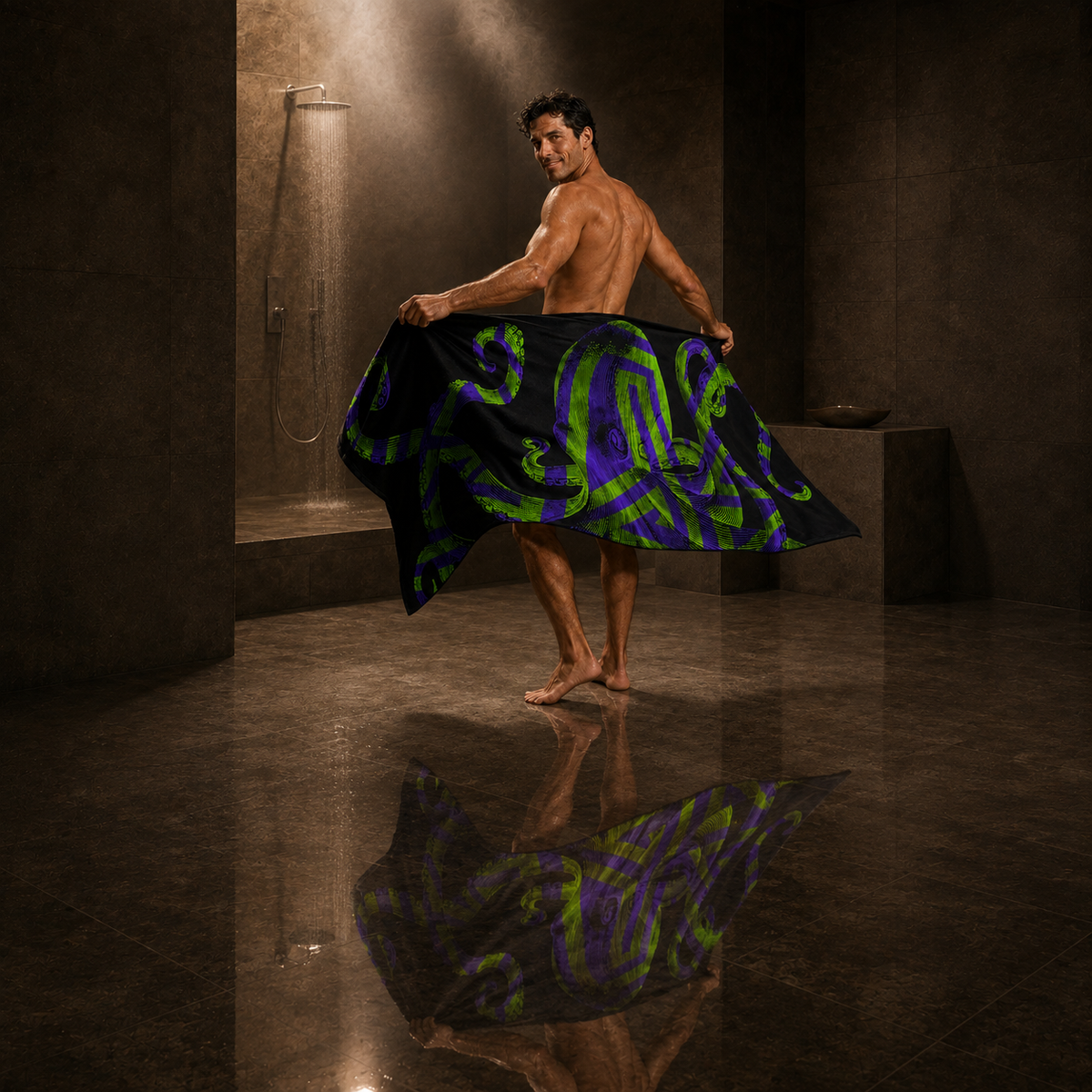 Dani holds a black bath towel featuring a neon green and purple octopus inside a minimalist stone bathroom after showering.