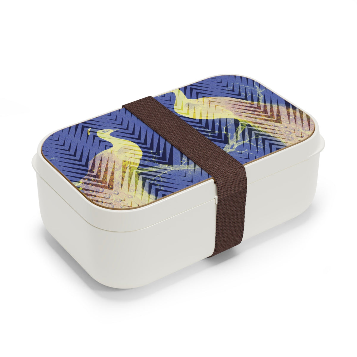 A cream bento box with a blue-and-yellow patterned lid and brown securing band.
