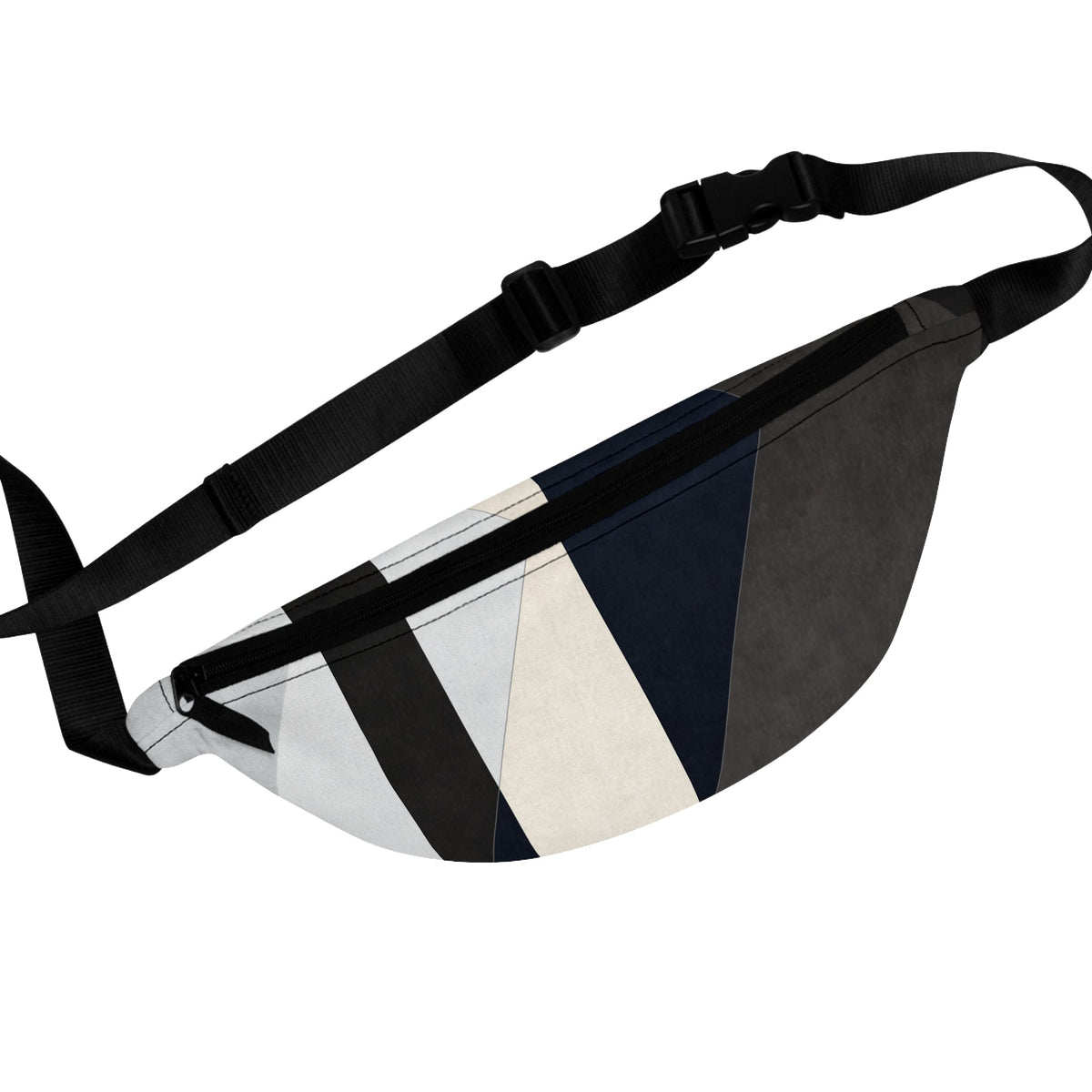 A black, white, and navy geometric fanny pack with an adjustable black strap.
