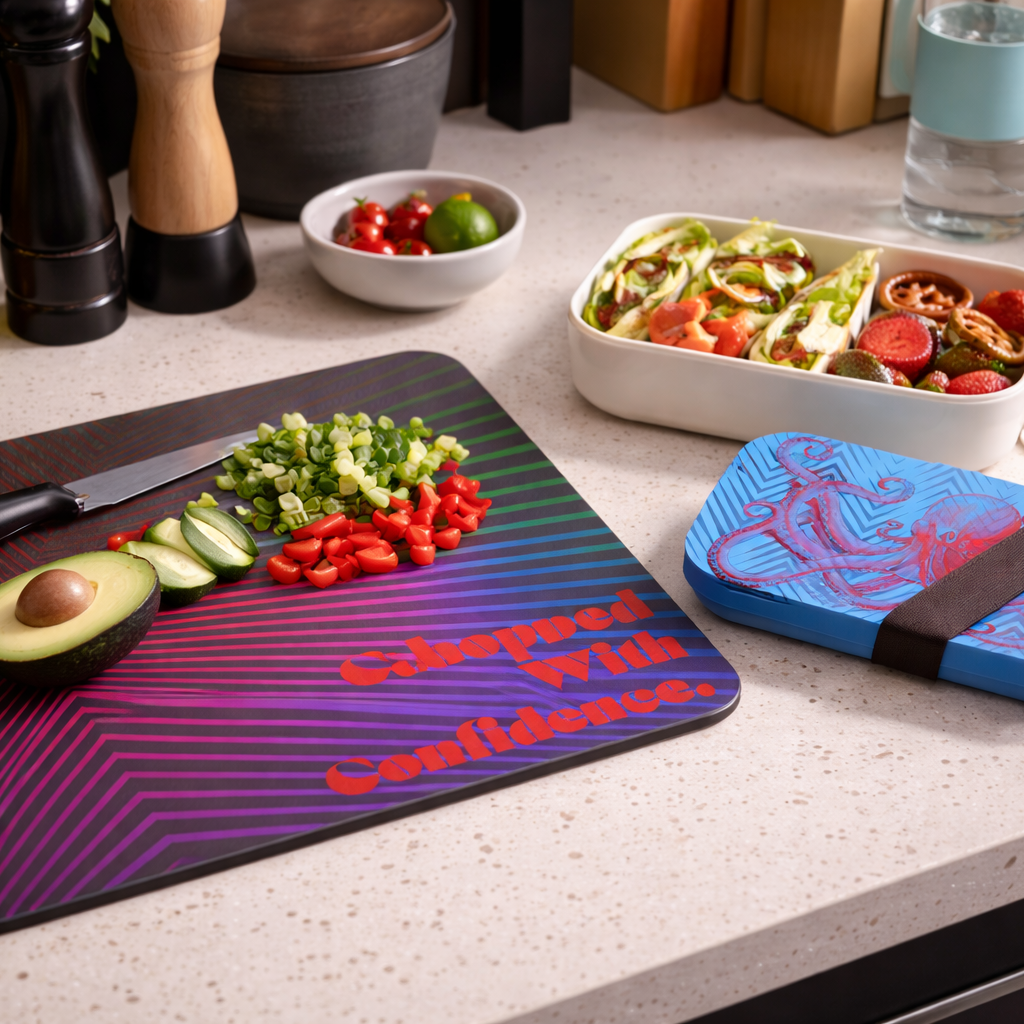 A striped cutting board with chopped vegetables and a colorful bento lunch box on a kitchen counter.