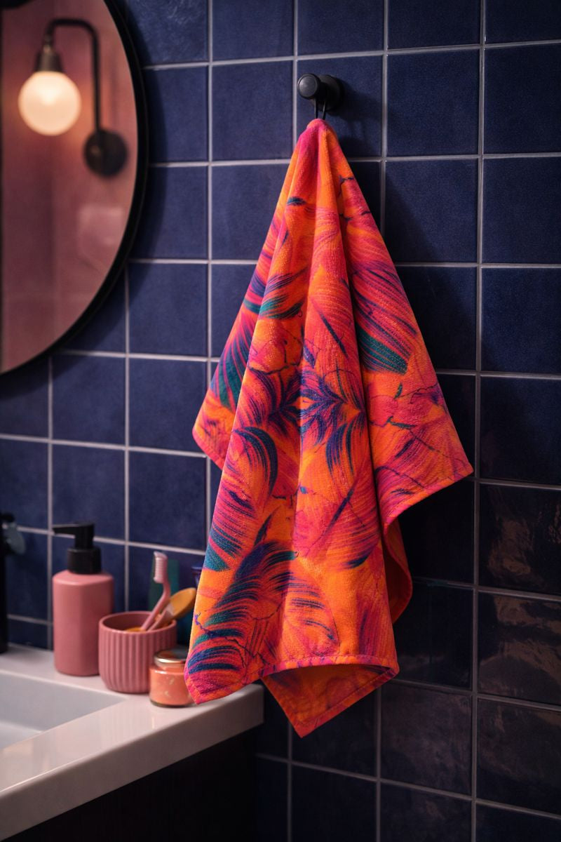 An orange-and-pink patterned hand towel hanging against navy tiles beside a pink basin.