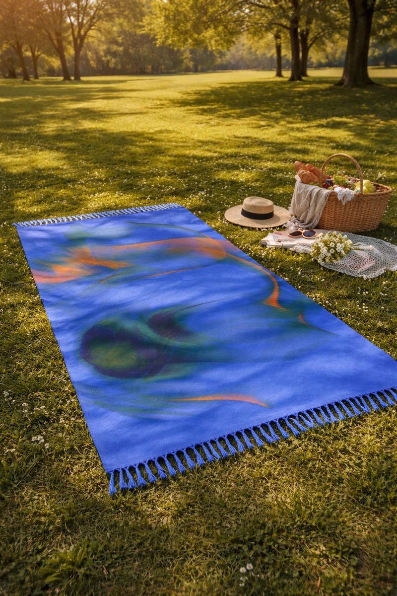 A blue abstract throw with a fringed edge spread on grass beside picnic baskets.