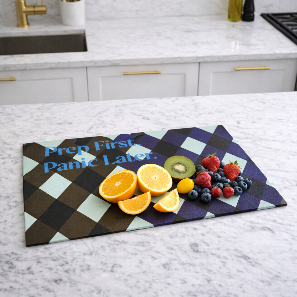 A geometric cutting board reading “Prep First. Panic Later.” with sliced citrus and berries.