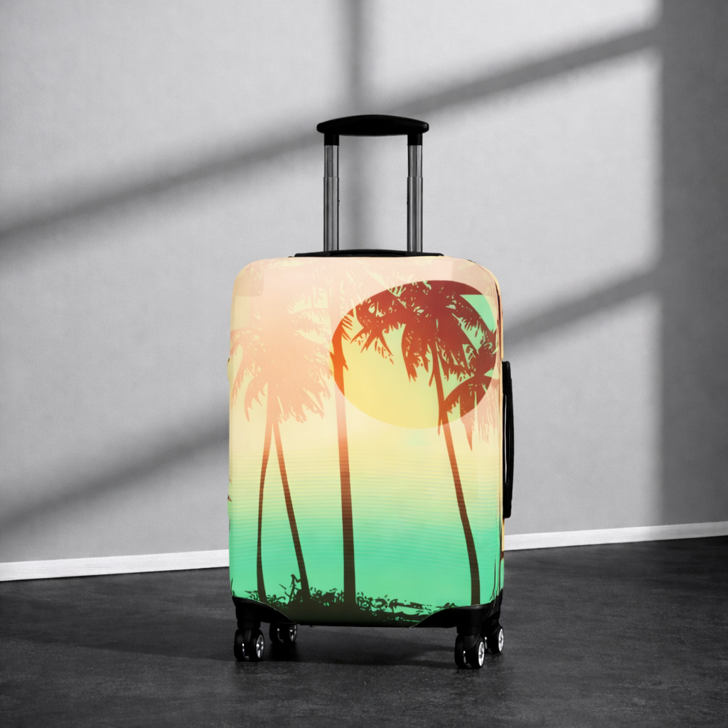 A wheeled suitcase with orange palm silhouettes over a yellow-to-green gradient.