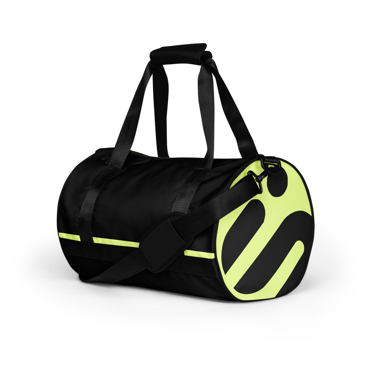 Angled view of the black Softcore Burn gym bag with a yellow-green stripe and large monogram end panel.