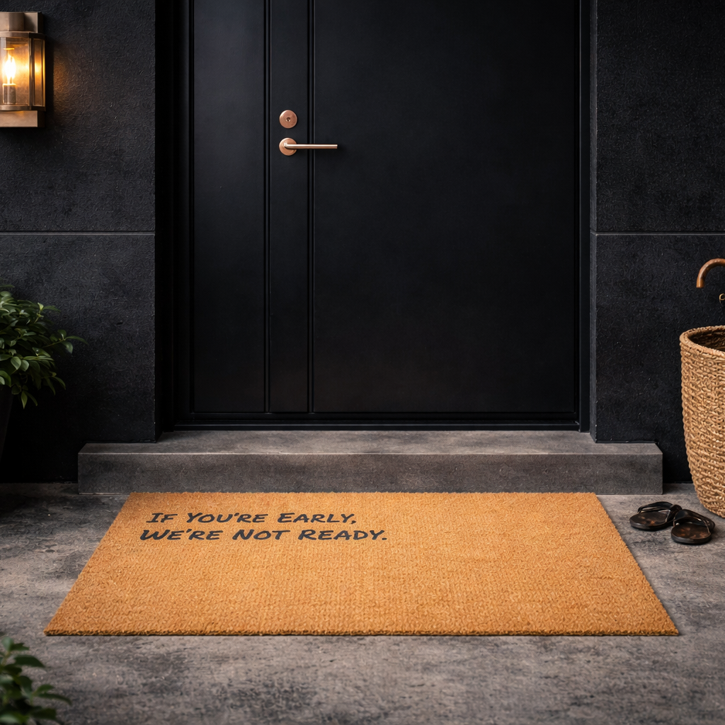 A coir doormat reading “If you’re early, we’re not ready.” in front of a black door.