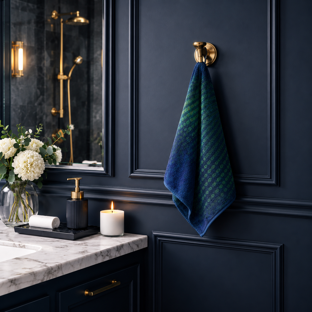 A blue-and-green patterned hand towel hanging beside a mirror and marble counter in a navy bathroom.