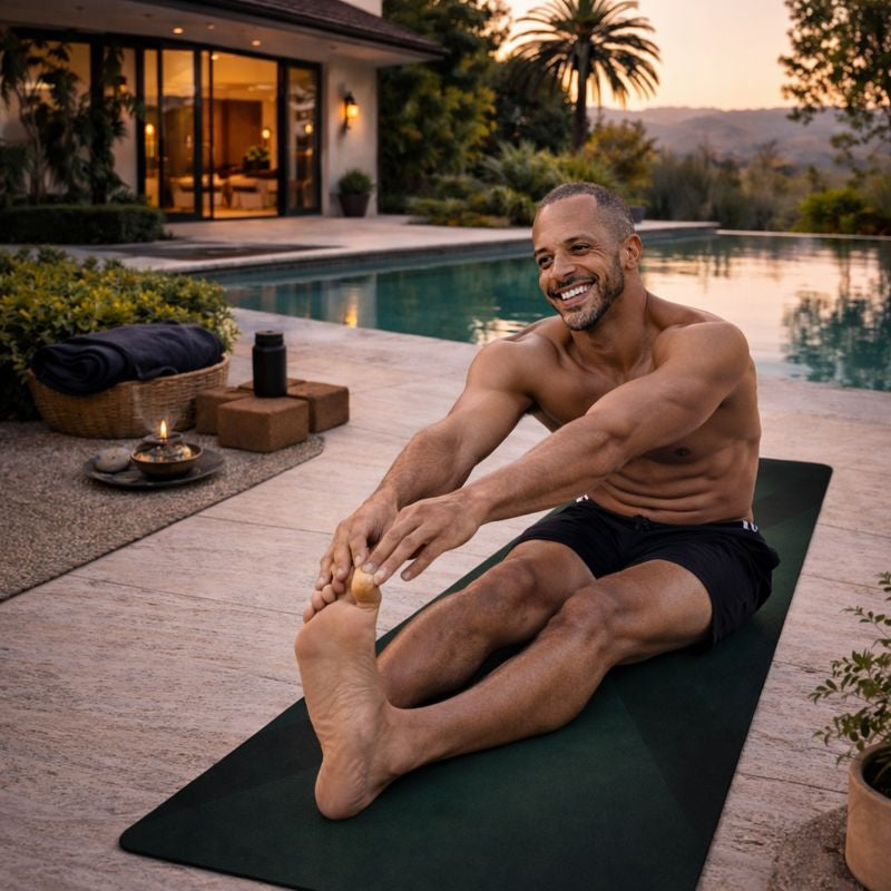 A person stretching on a dark yoga mat beside an outdoor swimming pool.