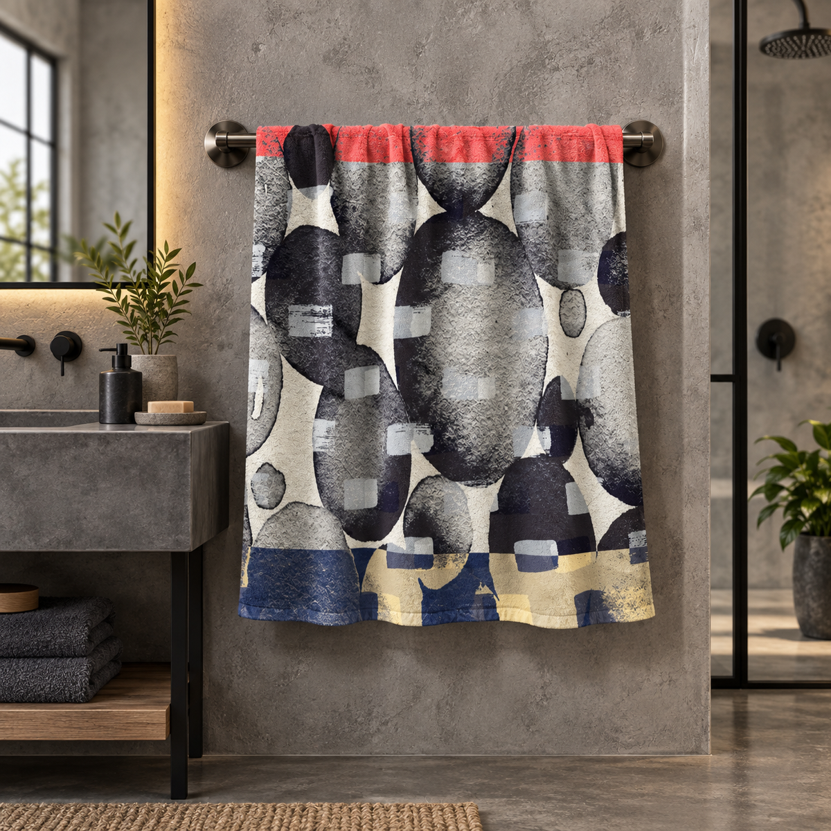 A black-and-white abstract bath towel with red and blue accents hanging from a rail in a gray bathroom.
