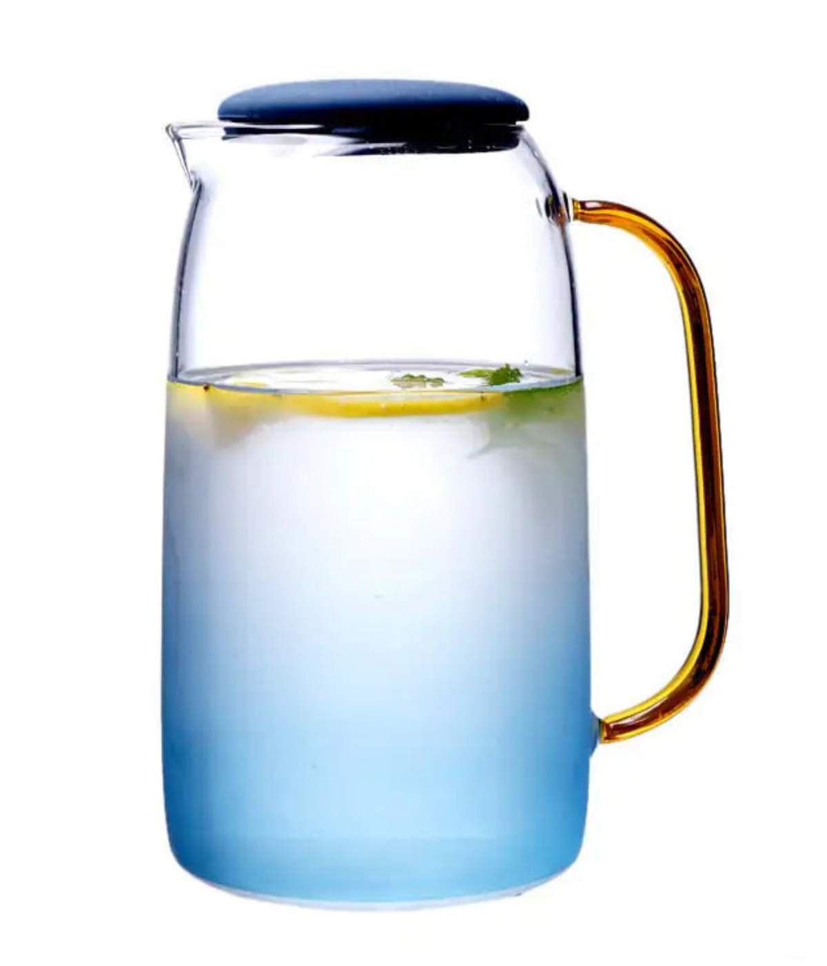 A clear pitcher fading to blue at the base, with an amber handle, dark lid, and lemon water.