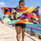 Man displaying A Singular Force beach towel by the sea.
