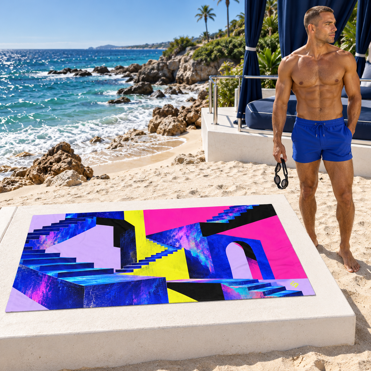 Man beside Level Unlocked beach towel on a coastal terrace.