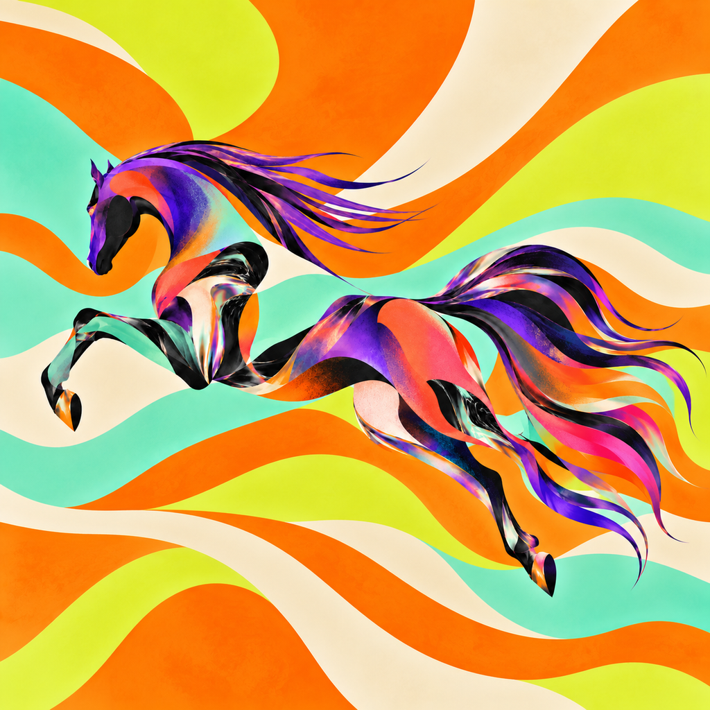 Colorful horse artwork for A Singular Force beach towel.