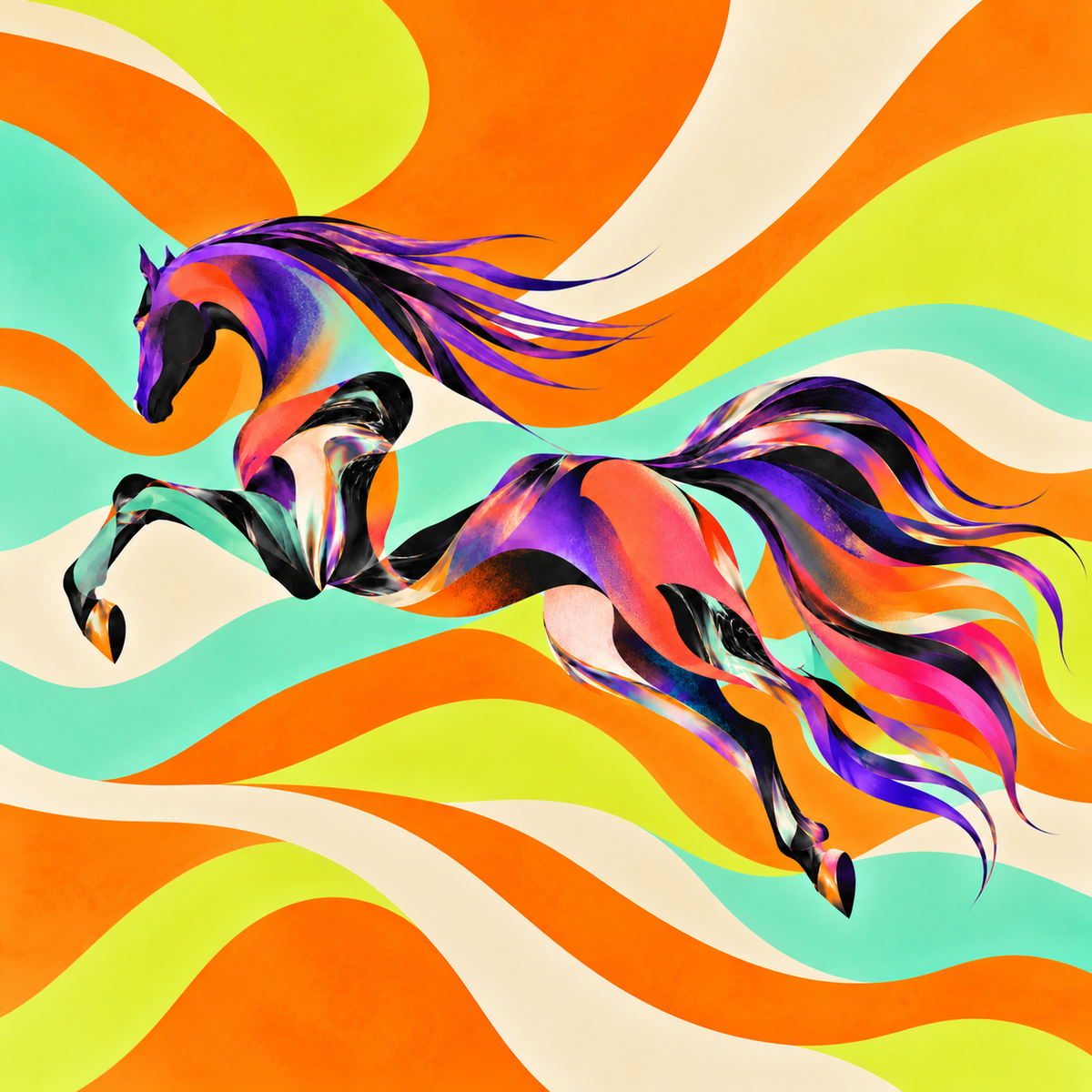 Colorful horse artwork for A Singular Force beach towel.
