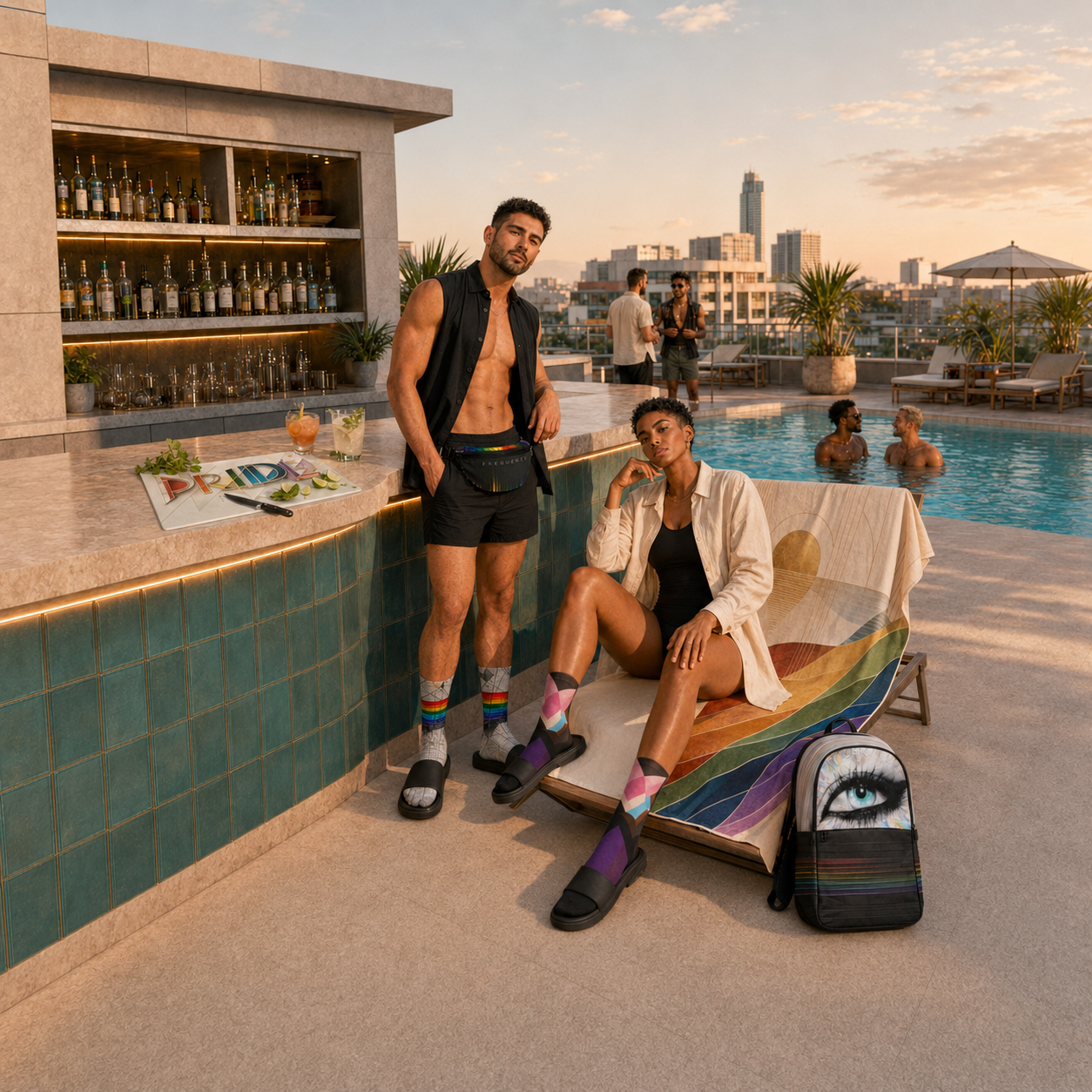 People beside a poolside bar with a rainbow towel draped over a chair and a graphic backpack nearby.
