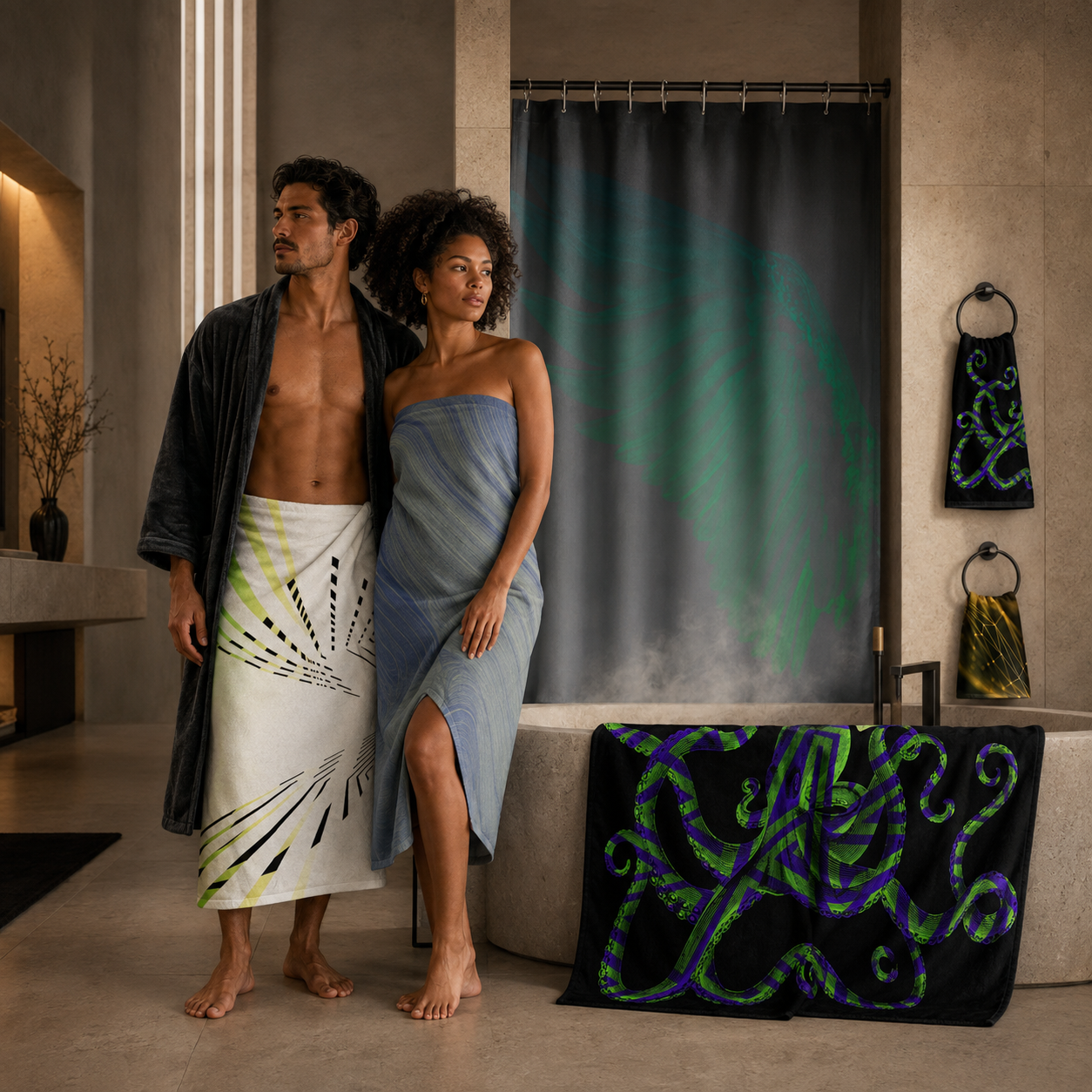 Two people wrapped in towels beside a dark shower curtain, with blue-and-green patterned towels nearby.