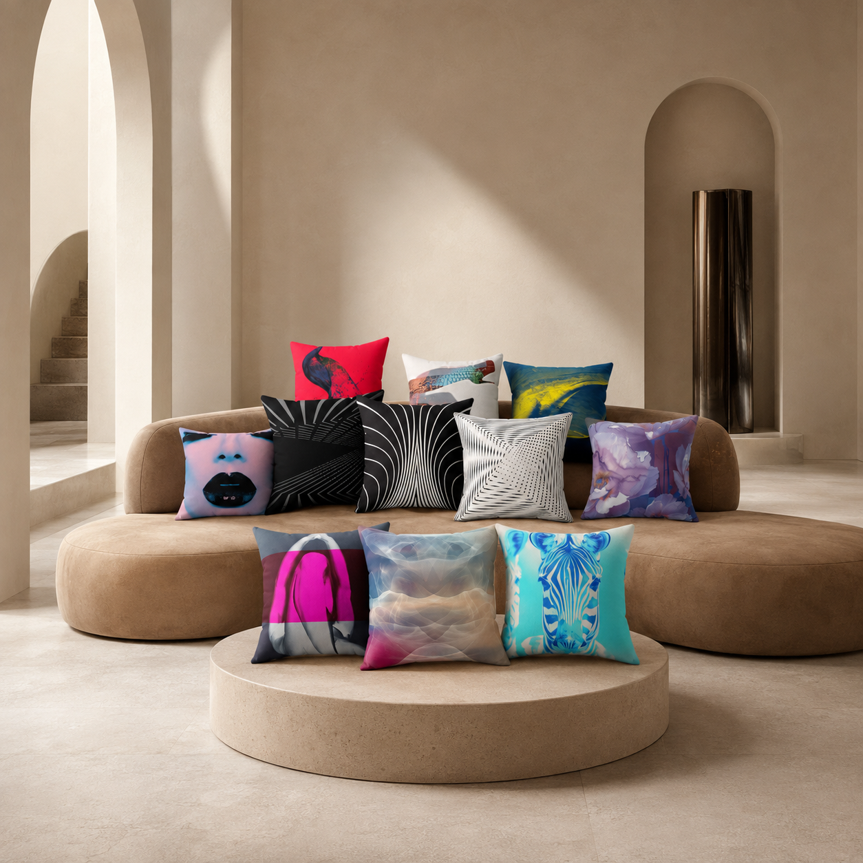 Graphic pillows with faces, abstract patterns, and bright accents arranged on a tan sofa and round ottoman.