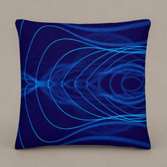 Large square Electric Field Trip pillow with fine electric-blue contour lines across a dark navy background. Photographed against a warm greige studio background.