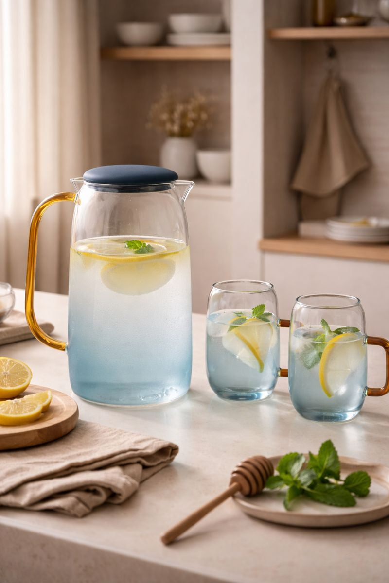 Clear glass and blue gradient pitcher and mugs with lemon slices and mint leaves on a kitchen counter.