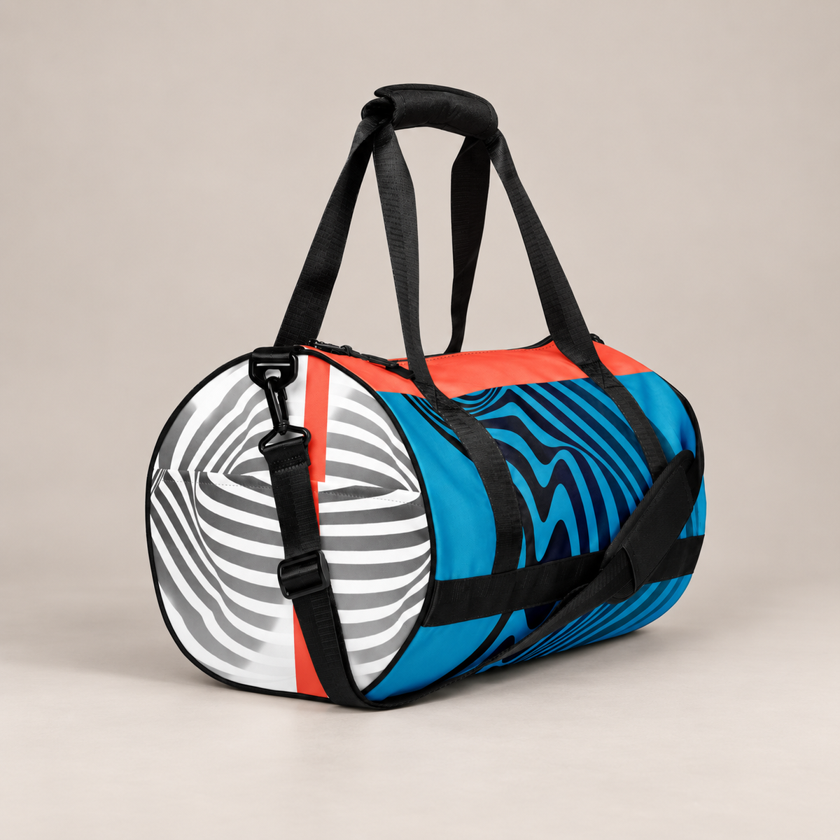 Angled product view of the Hot Circuit gym duffle bag showing its white-and-gray striped end, blue wave panels, coral trim, and black strap.