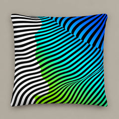 Large square Moodwave pillow with black curved stripes flowing through vivid cobalt blue, cyan, electric lime, and white. Photographed against a warm greige studio background.
