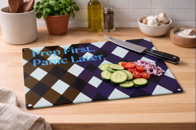 Prep First. Panic Later - Glass Cutting Board