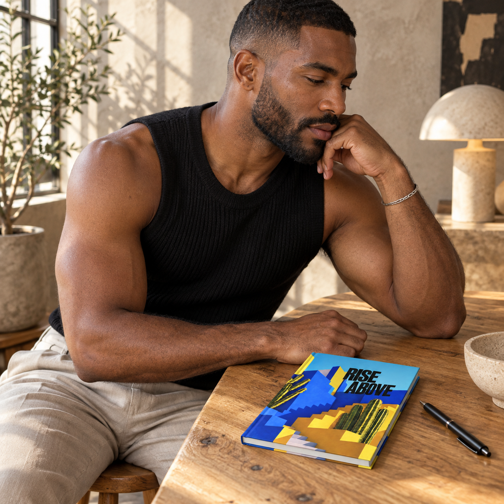 Man reflecting beside Rise Above journal and a pen in a creative studio.