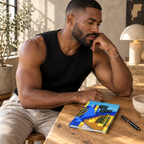 Man reflecting beside Rise Above journal and a pen in a creative studio.