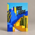 Front cover of Rise Above matte hardcover journal on a warm greige studio background.