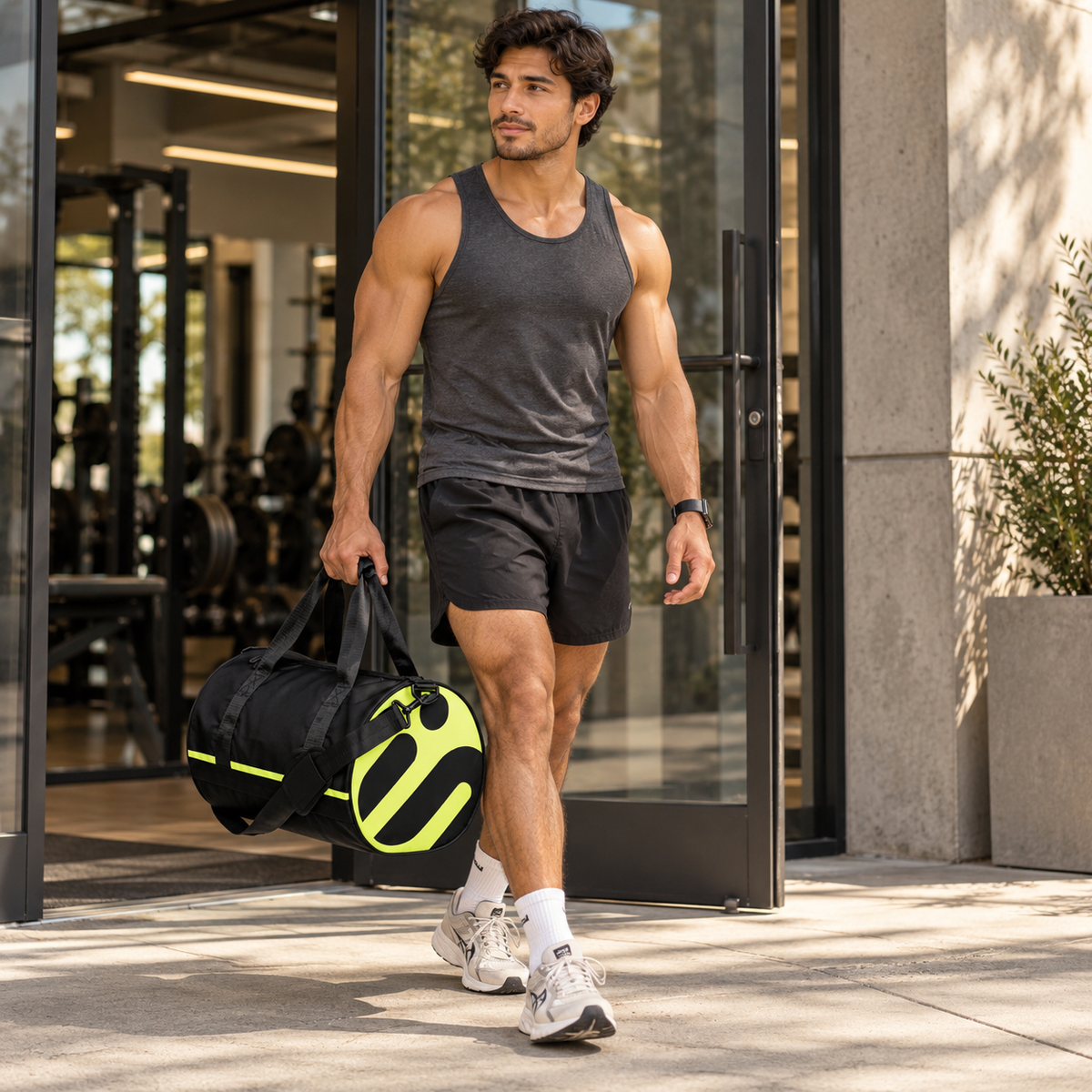 A person in black athletic wear carrying the black Softcore Burn gym duffle bag with neon yellow-green accents.