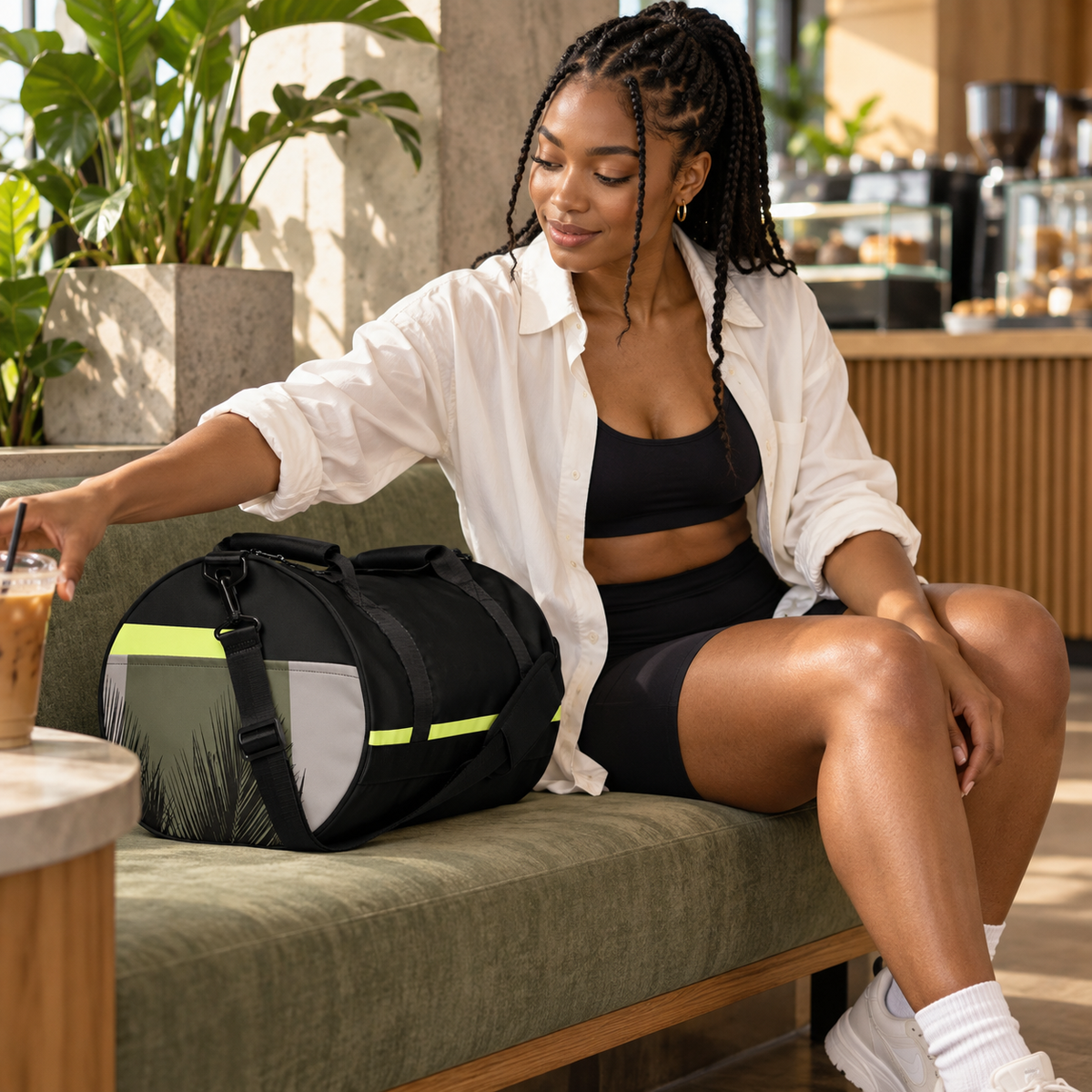 A person in black activewear seated beside the Softcore Burn gym duffle bag with neon yellow-green and gray panels.