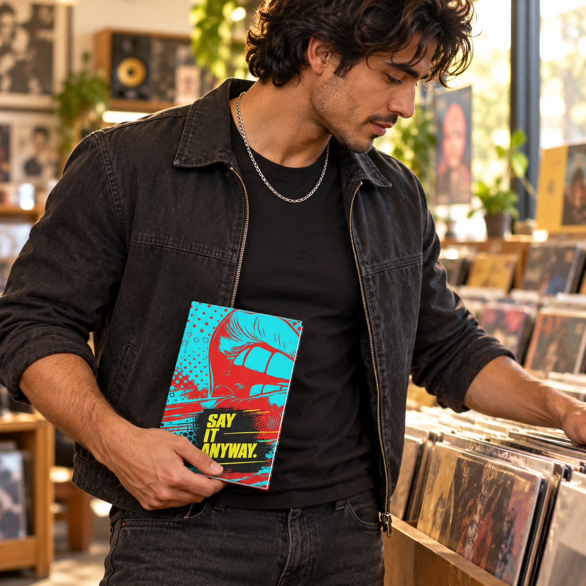 Man carrying Say It Anyway journal in a record store.