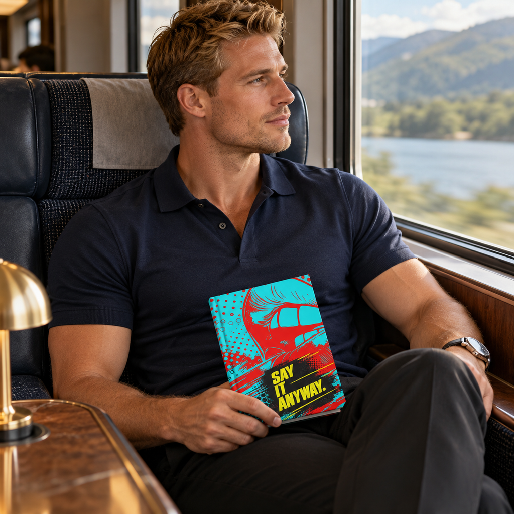 Man with Say It Anyway journal in a train lounge.