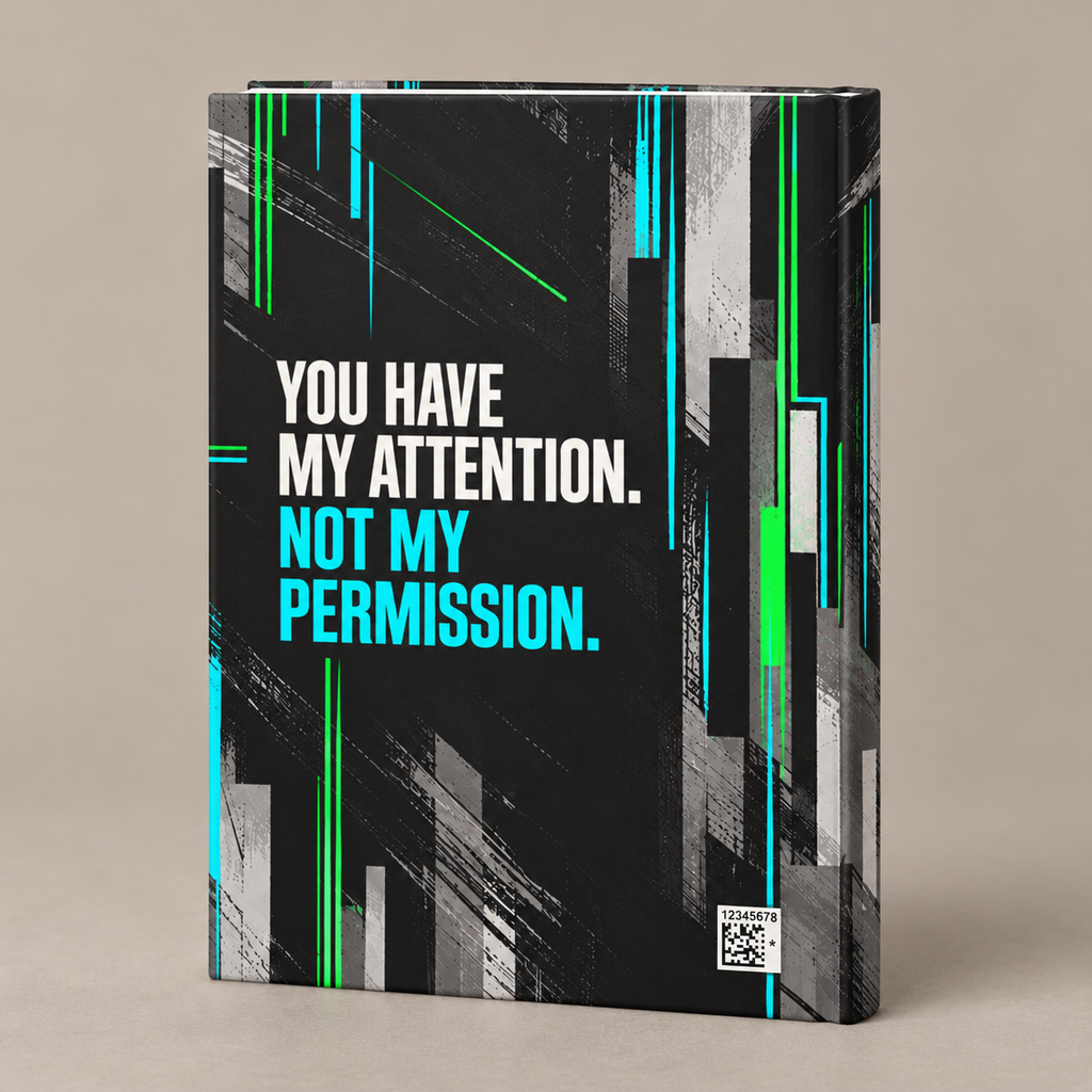 Back cover of Seen, Not Rattled journal with the quote You have my attention. Not my permission. on warm greige.