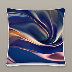 Large square Sovereign Silk pillow with glossy navy, rose, and gold abstract folds on a warm greige studio background.