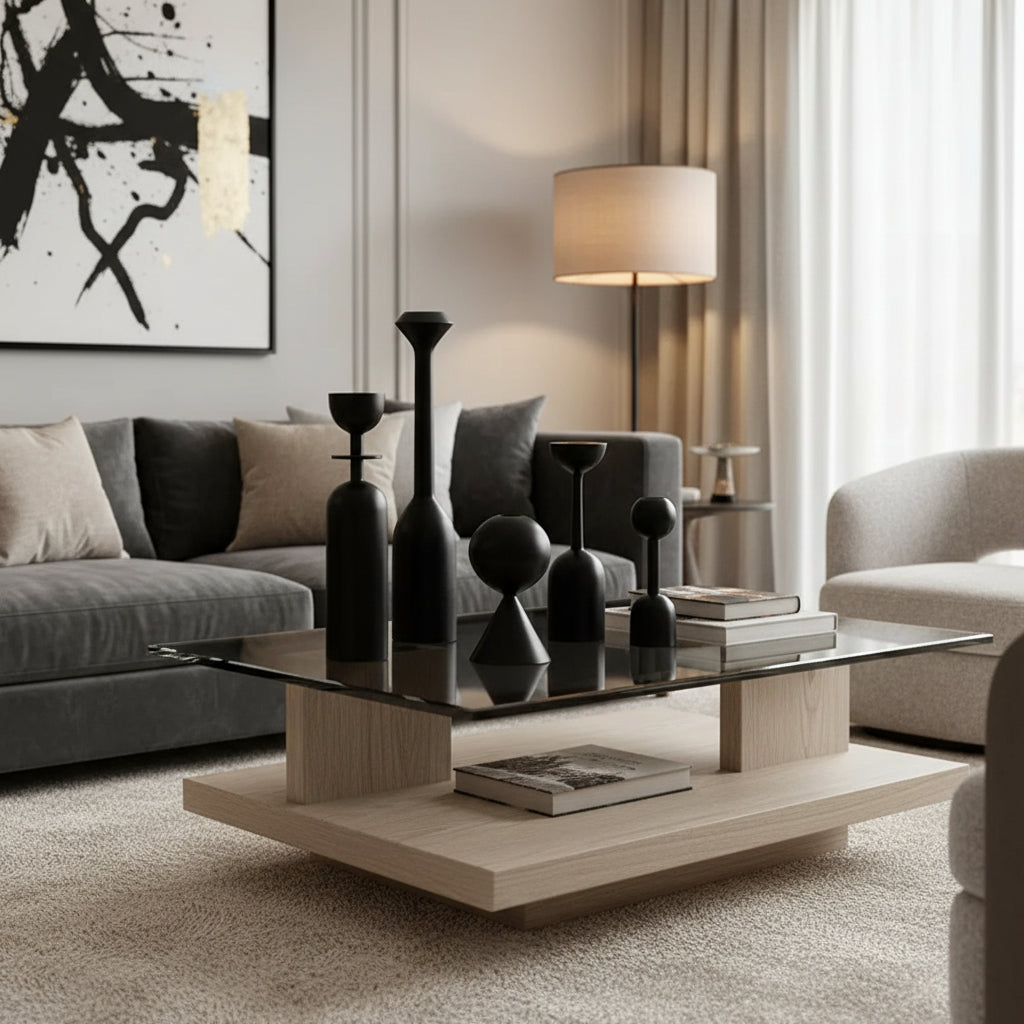 Set of black vases with various shapes on a white surface