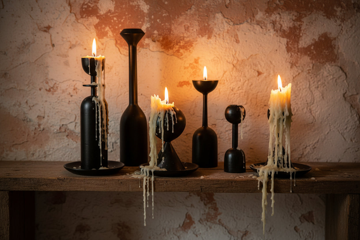 Set of black vases and candle holders on a white surface with a light gray background