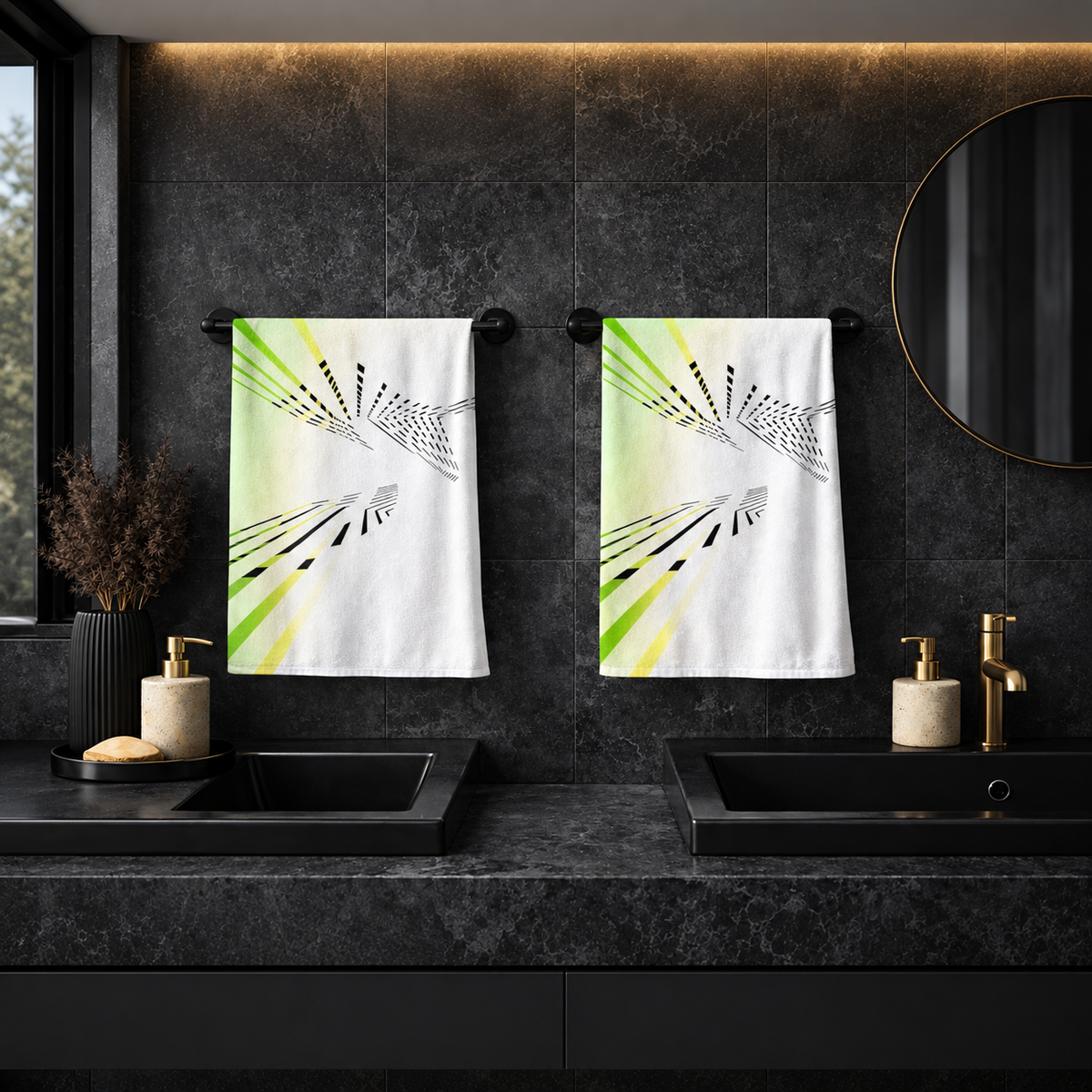Two Shift Happens hand towels displayed in a dark bathroom.