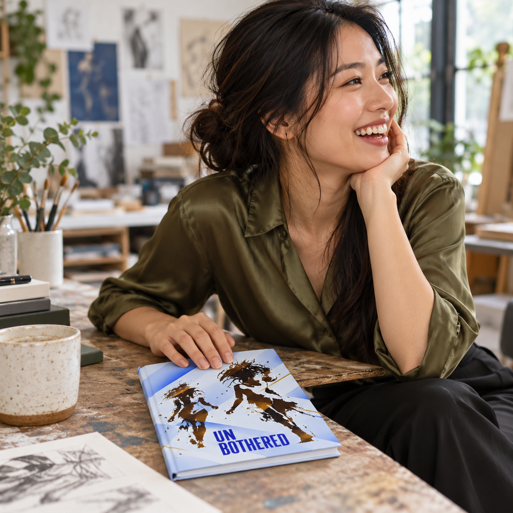 Woman taking a break with Unbothered journal in an atelier
