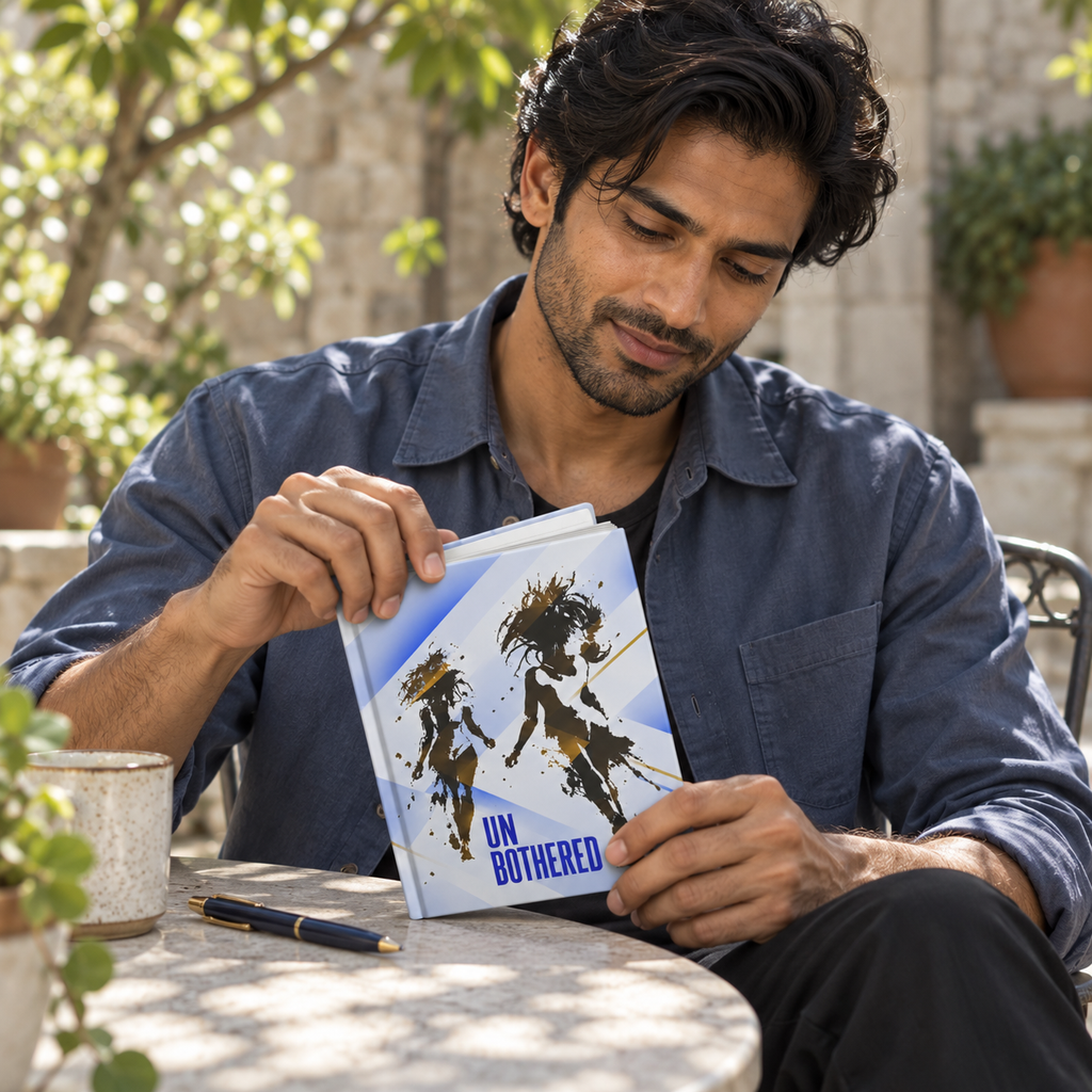 Man closing Unbothered journal in a courtyard