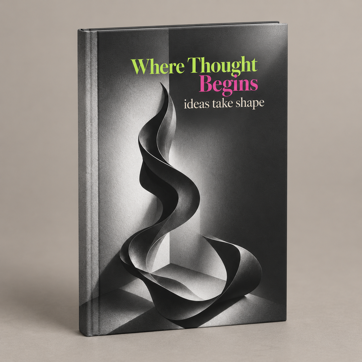 Where Thought Begins journal closed front on warm greige background