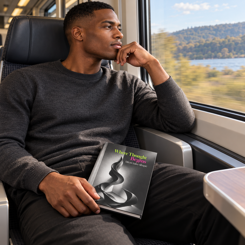 Man pausing with Where Thought Begins journal on a train