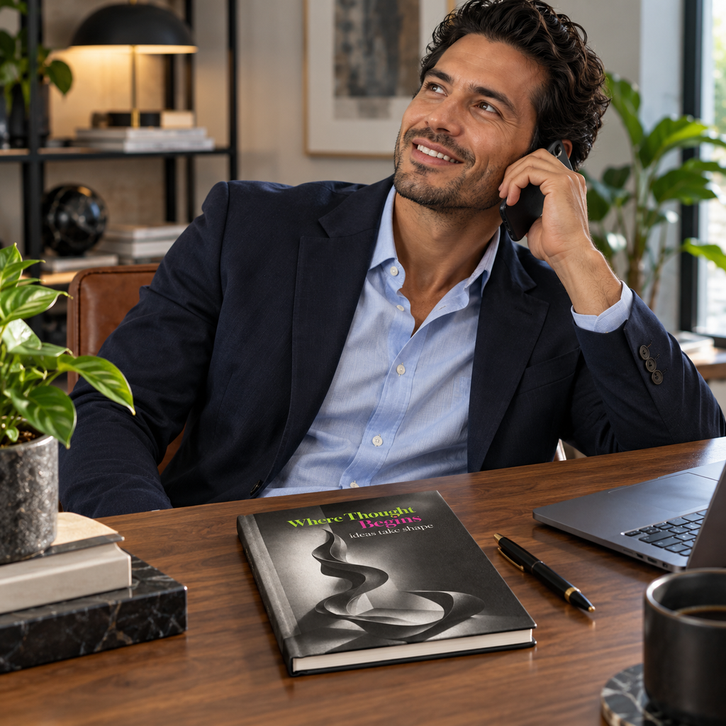 Man on a call with Where Thought Begins journal on his office desk
