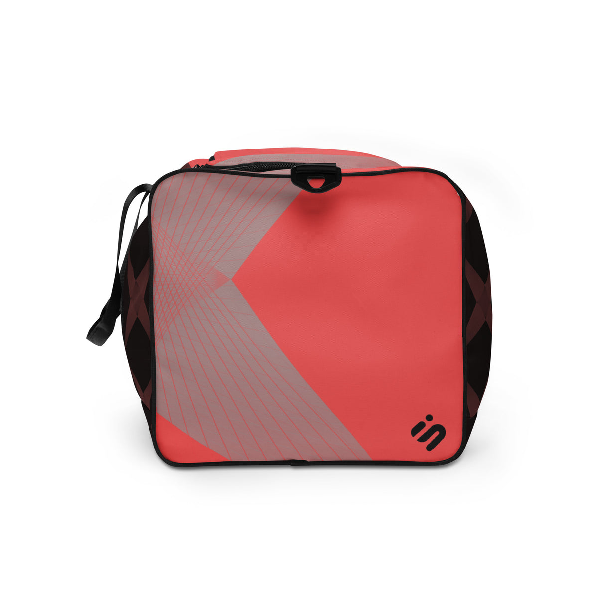 Left-side view of a burgundy, black, and coral geometric duffle bag with a light gray panel.