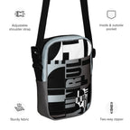 Unruly crossbody bag with English callouts identifying its adjustable strap, pockets, fabric, and two-way zipper.