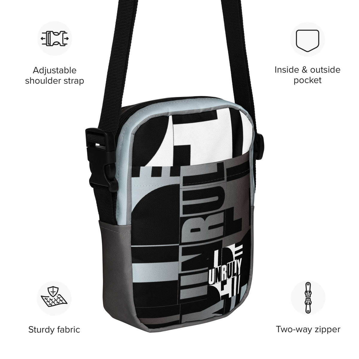 Unruly crossbody bag with English callouts identifying its adjustable strap, pockets, fabric, and two-way zipper.